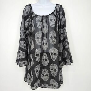 Sheer Black‎ Womens Floral Skull Bell Sleeve Top 2XL Whimsigoth Fairygrunge